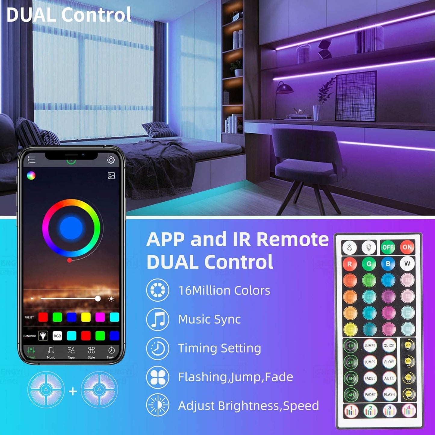 100ft Music Sync RGB LED Strip Lights – Smart App & Remote Room Lights
