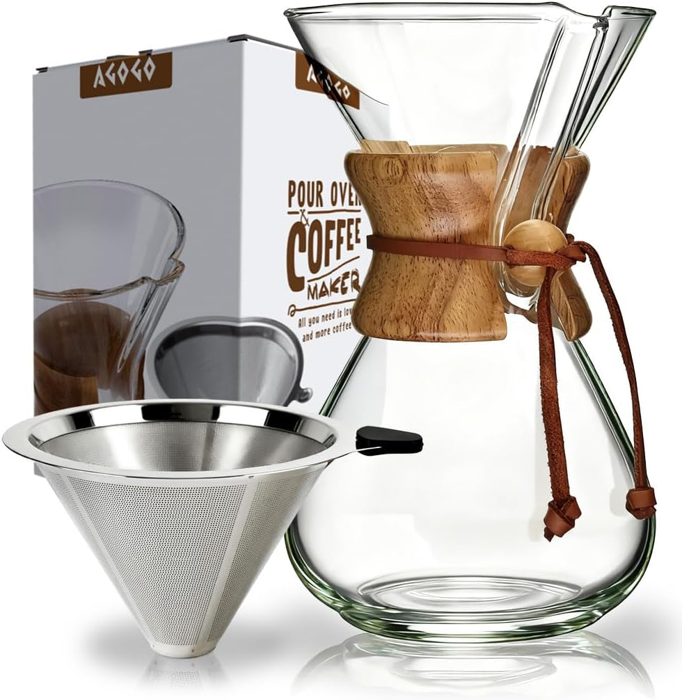 Pour over Coffee Maker Glass - 6/8/10 Cup Barista Kit with 304 Stainless Filter for Home, Office, Camping, Cafes - Easy Clean Coffee Dripper Set (Rag&Brush Included) (8 Cup/28 Oz)